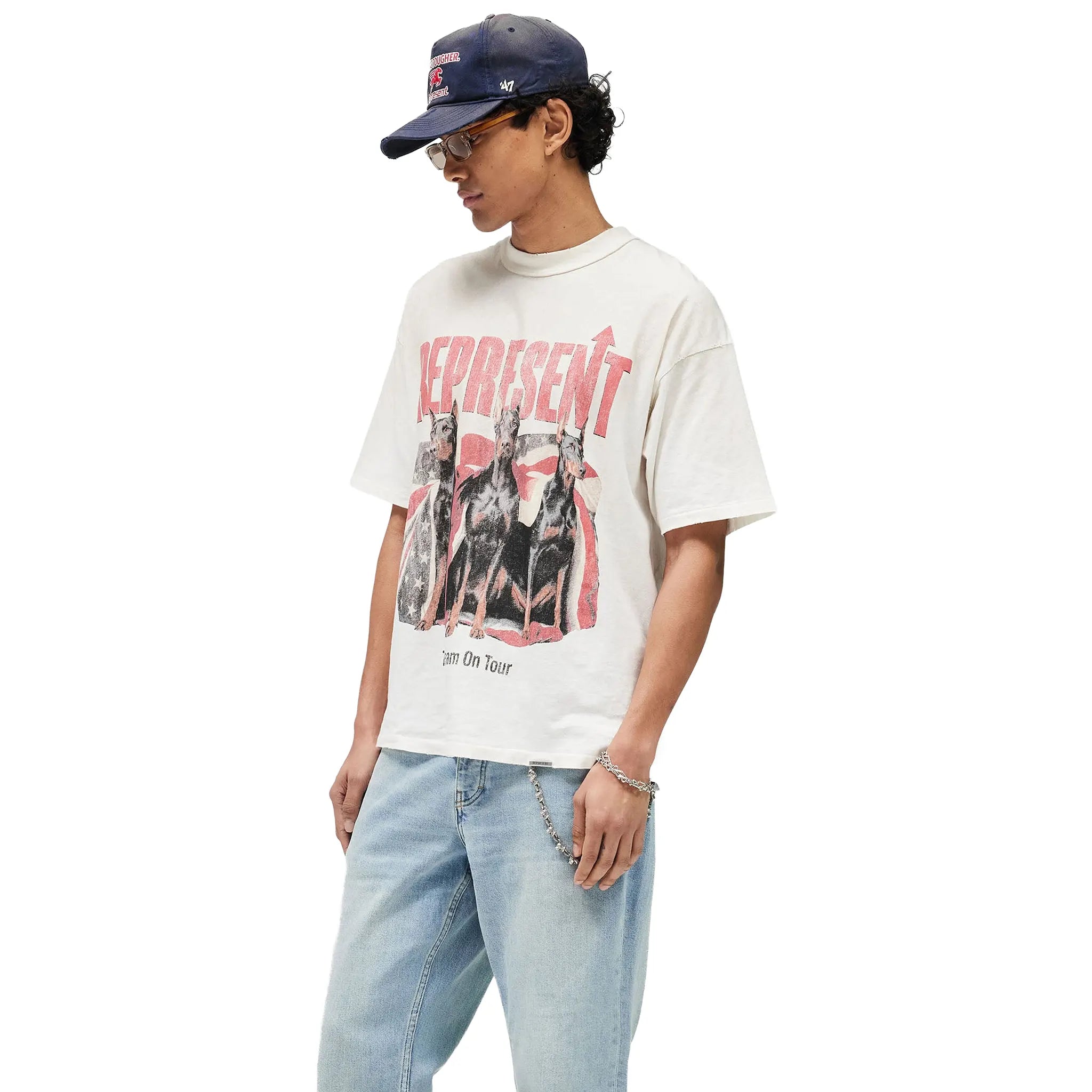 Front Side View of Represent Dream On Tour Oversized Washed Ecru T-Shirt MLM100593-30